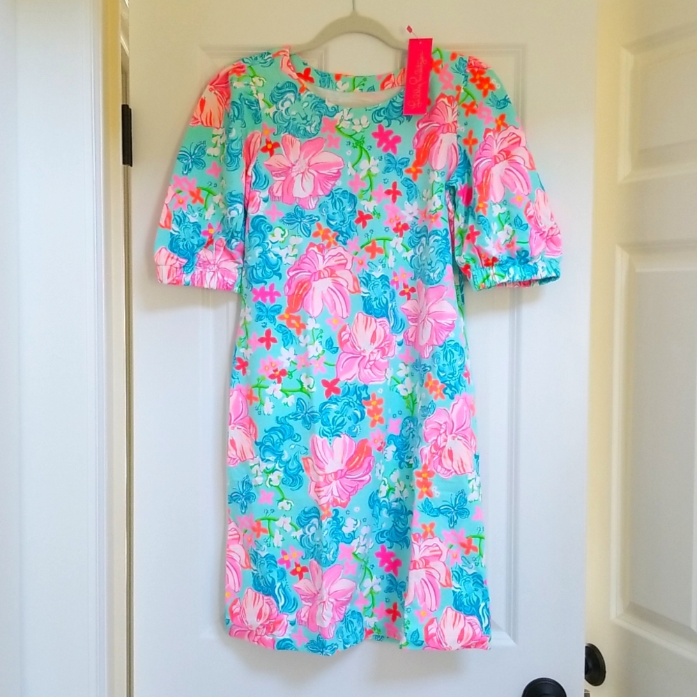 Lilly Pulitzer Cayce Short Sleeve Dress in Surf Blue Luscious Lions